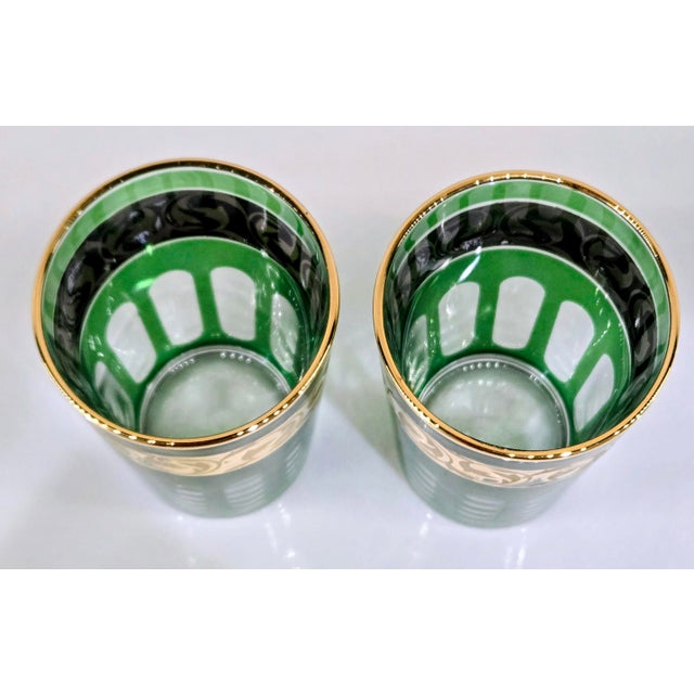 Mid 20th Century Vintage French VMC Reims Emerald Green & Gold Floral Highball Glasses, Pair For Sale - Image 5 of 7