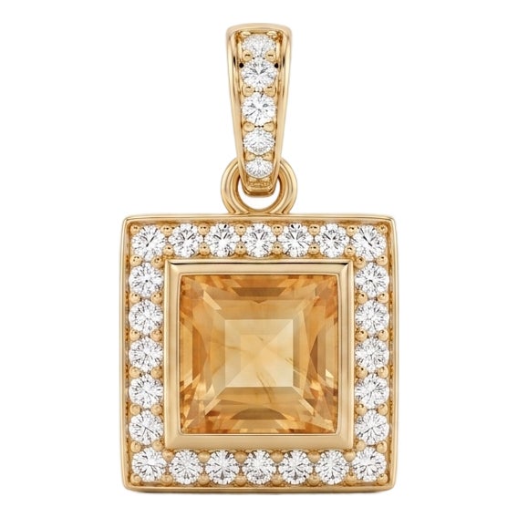Natural Citrine Pendant Necklace | Square Halo Minimalist Pendant | November Birthstone Pendant for Women For Sale