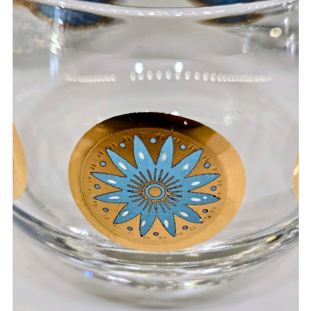 Mid 20th Century Mid 20th Century Mid-Century Modern Turquoise & Gold Medallion Roly Poly Cocktail Glasses, Attributed to Culver – Set of 7 For Sale - Image 5 of 8