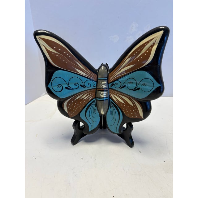 Folk Art Hand-Painted Folk Art Butterfly Wall Sculpture in Turquoise and Earth Tone For Sale - Image 3 of 6