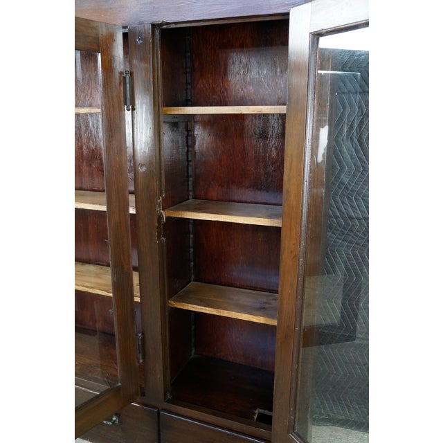 Antique Mission Oak Arts & Crafts Triple Bookcase Curio Display Cabinet 61" For Sale - Image 6 of 15
