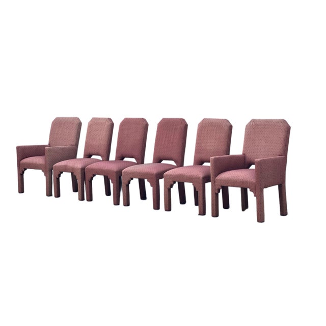 Upholstered Set of Six Ming Style Parsons Dining Chairs. Set includes two armchairs and four side chairs. All Six are...
