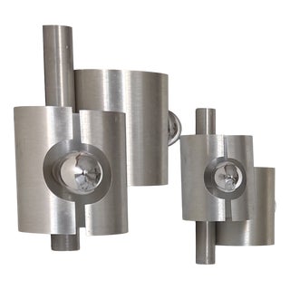 Vintage Double Wall Lights in Brushed Metal, France, 1970, Set of 2 For Sale