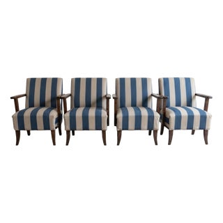 Vintage Hungarian Lounge Chairs in Blue and Cream Striped Fabric with Wooden Frames, 1950s, Set of 4 For Sale