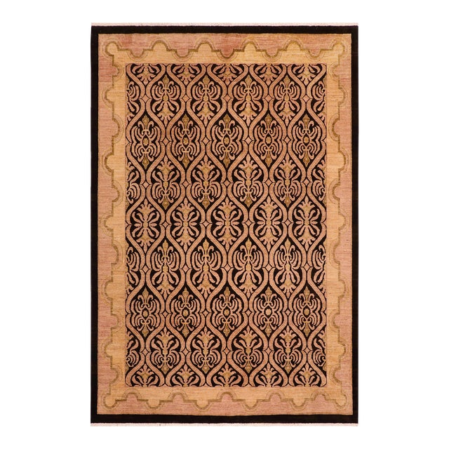 Shabby Chic Ziegler Black Tan Hand-Knotted Wool Rug - 8'0'' X 9'8'' For Sale