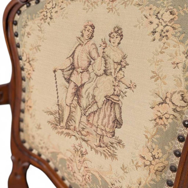 French Pair of Early 20th Century Louis XV-Style Carved Wood Armchairs With Tapestry Upholstery For Sale - Image 3 of 14