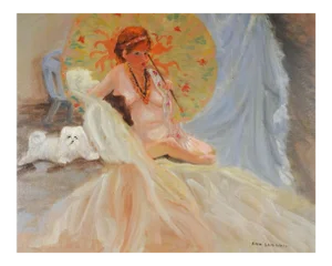 Impressionist Bohemian Dog, Nude & Parasol Painting