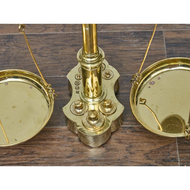Mid 19th Century Large 19th Century English Brass Scale With Weights and Bull Finial For Sale - Image 5 of 16