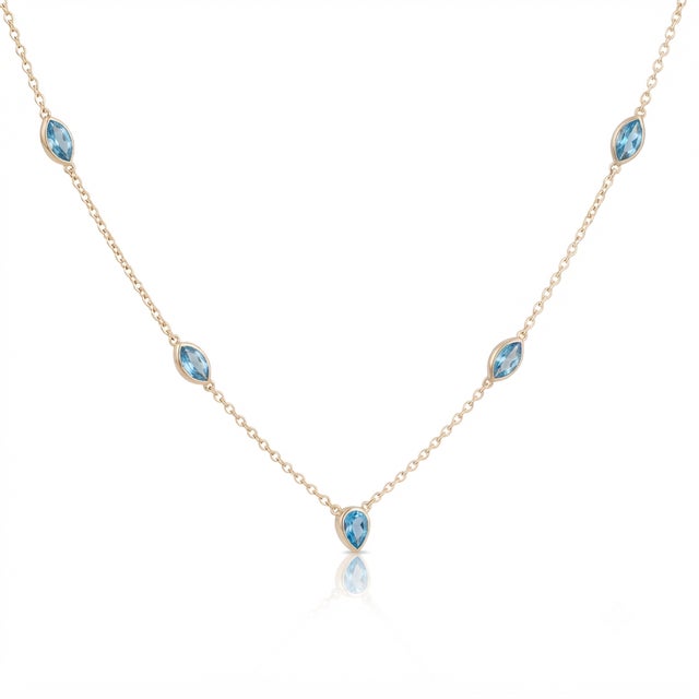 Contemporary Swiss Blue Topaz Station Necklace | Blue Gemstone Marquise & Pear Cut Charm Necklace | December Birthstone Neckalce For Sale - Image 3 of 3