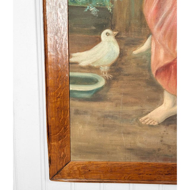 Antique Realism "Women in Pink Dress W/ Forest Doves" Oil on Canvas Painting For Sale - Image 11 of 16