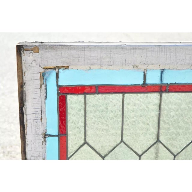 Antique Art Nouveau Stained Glass Blue Green Orange Fleur De Lis Window For Sale - Image 4 of 11