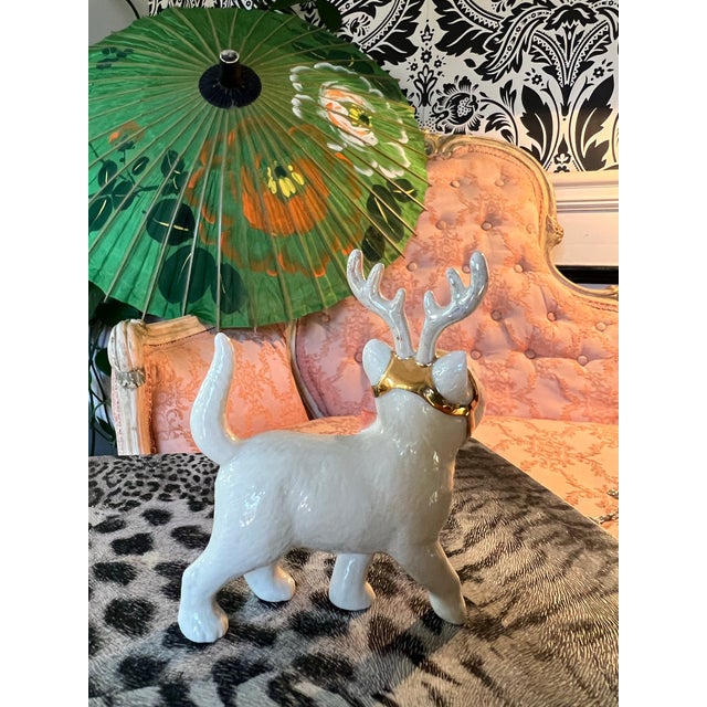 Vintage Lennox Ceramic Christmas Cat With Reindeer Antlers For Sale - Image 4 of 7