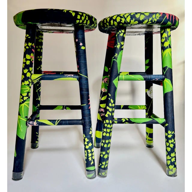 Pair of Vintage Greeff "Summertime Collection" Fabric Wrapped Wooden Counter Stools For Sale - Image 16 of 18