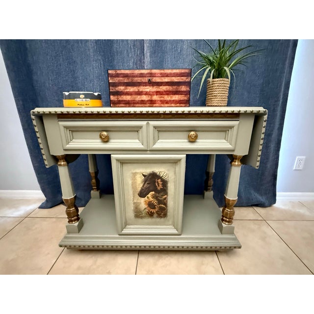 1973 Thomasville Server, Entryway, Buffet, Bar, Equestrian Themed, Sage Green For Sale - Image 12 of 12