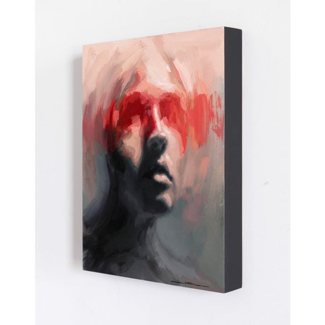 In "Cipher," the figure emerges from a soft, blurred background, its features partially obscured by bold strokes of red...