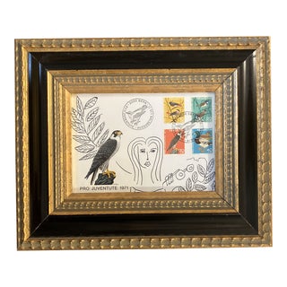 Contemporary Original Judy Henn “First Day of Bird Watching “ Collage/Ink Drawing Framed For Sale