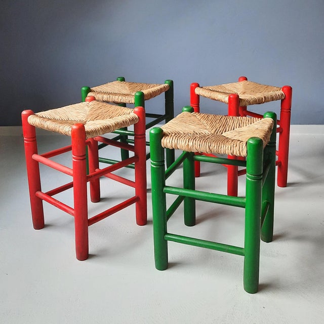 Green Green and Red Rush Stools, 1970s, Set of 4 For Sale - Image 8 of 8