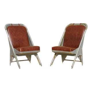 Vintage Leather Airplane Chairs With Riveted Aluminum & Leather Cushions For Sale