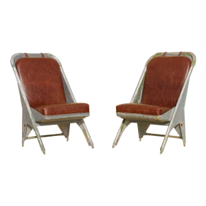 Vintage Leather Airplane Chairs With Riveted Aluminum & Leather Cushions