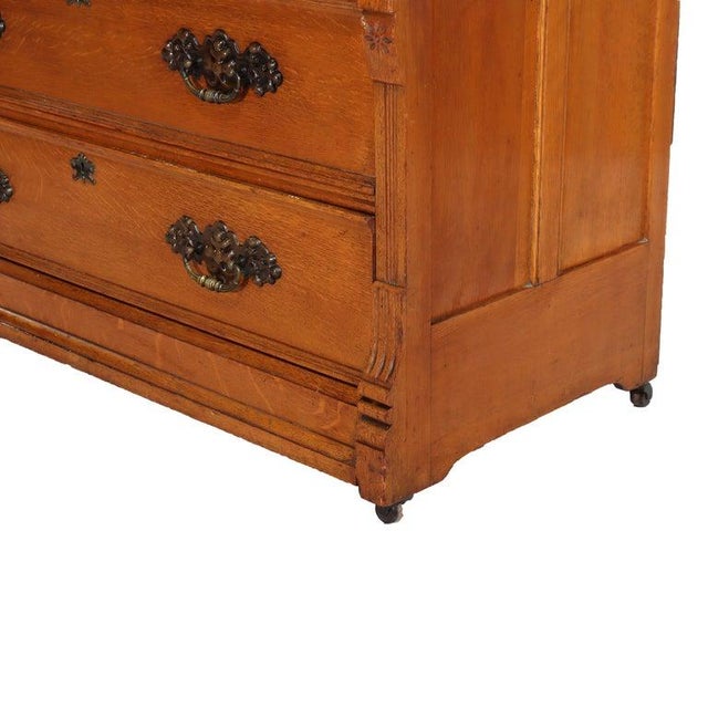 Victorian Antique Rj Horner Eastlake Carved Original Golden Oak 4-Drawer Mirrored Dresser For Sale - Image 3 of 14