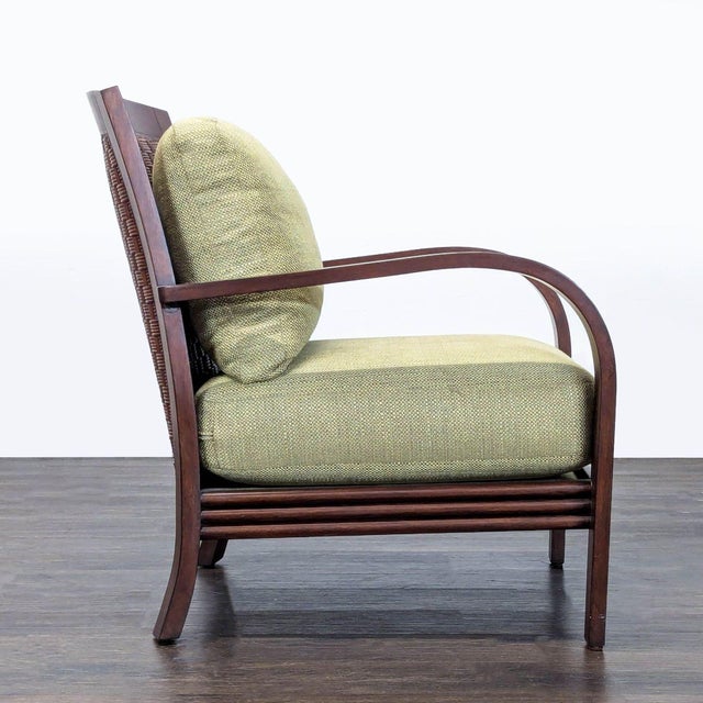 Modern Ethan Allen Jamaica Lounge Chair With Curved Wood Arms and Green Cushions For Sale - Image 3 of 8