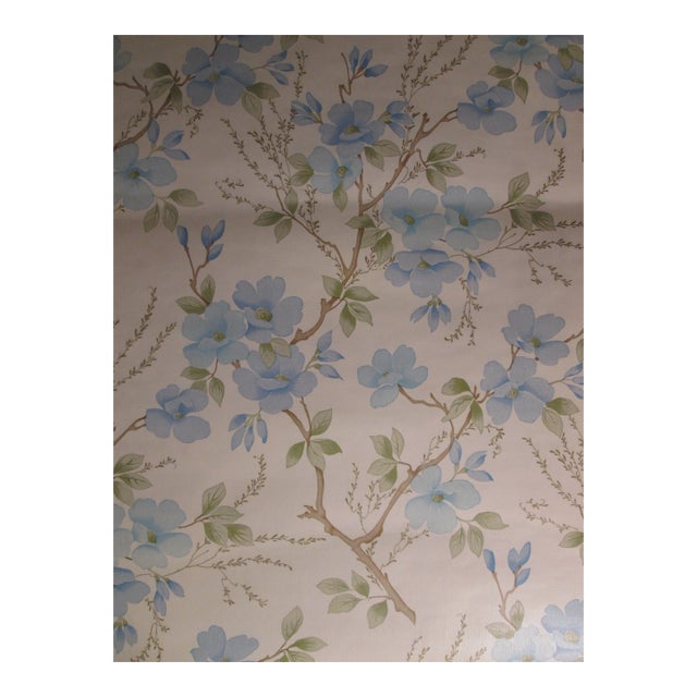 1970s Vintage Blue Flower Motif Wallpaper For Sale