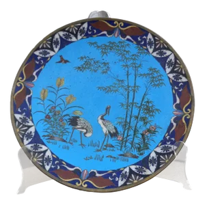 Late 19th Century Meiji Period Cloisonne Charger Bamboo Garden and Pair of Cranes
