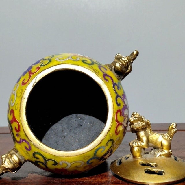 Late 20th Century Gilt Bronze Cloisonné Enamel Tripod Incense Burner With Guardian Lion Finial For Sale - Image 4 of 9