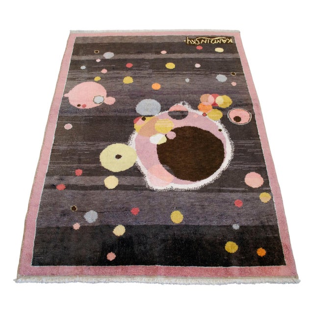 Charcoal 1980s Vintage Kandinsky Style Several Circles Hand Knotted Area Rug For Sale - Image 8 of 17