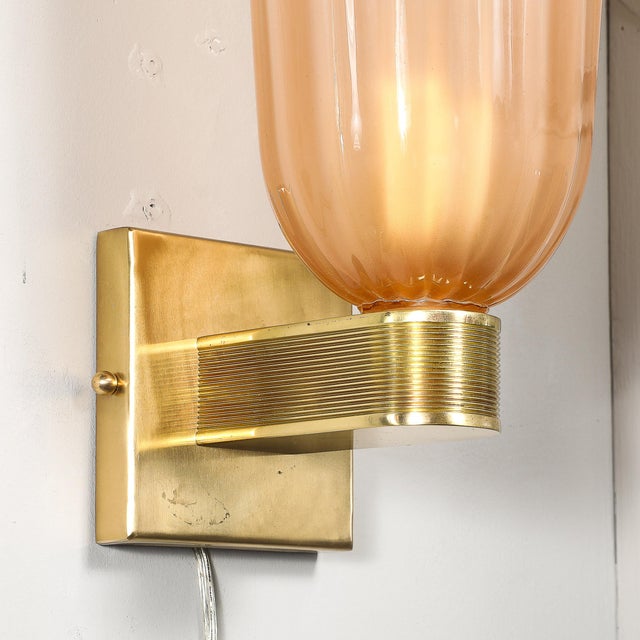 Modernist Hand-Blown Smoked Rose Murano Fluted Glass Sconces With Brass Fittings For Sale - Image 13 of 17