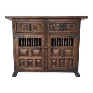 20th Century Spanish Carved Dark Walnut Tuscan Two Drawers Credenza or Buffet For Sale