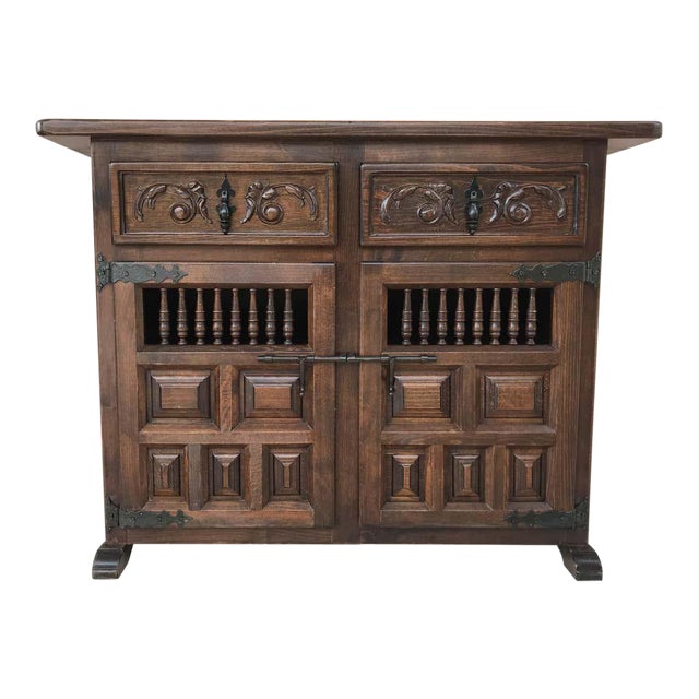 20th Century Spanish Carved Dark Walnut Tuscan Two Drawers Credenza or Buffet For Sale
