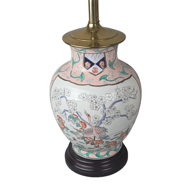 Pair of Chinoiserie Porcelain Ginger Jar Table Lamps With Cranes and Prunus, Pink For Sale - Image 9 of 10