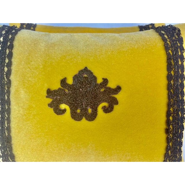 Custom petite vibrant yellow pillows made with 19th century metallic & chenille appliques . Yellow silk on backs. Down...