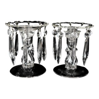 1930s Pair of Glass Candlesticks Lusters With Crystal Prisms For Sale