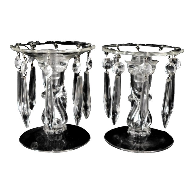 1930s Pair of Glass Candlesticks Lusters With Crystal Prisms For Sale