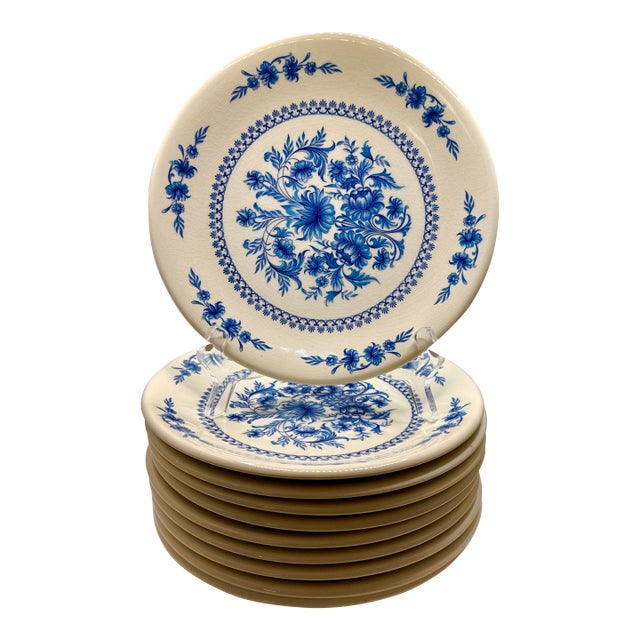 Vintage Portugese Blue and White Stoneware Plates - Set of 10 For Sale