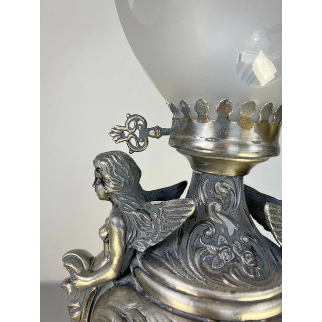 Antique Pewter Angel Lamp with Pleated Glass For Sale - Image 11 of 18