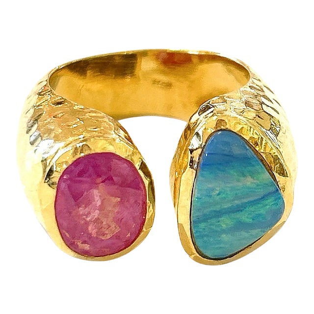 Bochic “Orient” Ruby & Blue Opal Vintage 2 Gem Ring Set in 18k & Silver Size 4 For Sale