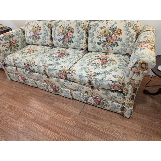 Baker Furniture Company Vintage Baker Furniture 3-Seat Linen Floral Roll Arm Sofa With Skirt For Sale - Image 4 of 10