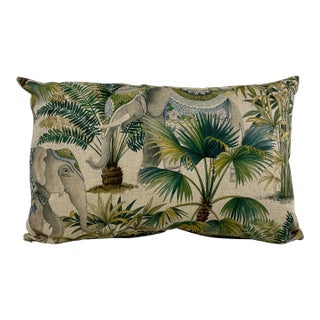 Large Bolster Pillow Decorated With an Exotic Scene of Wandering Elephants Among an Array of Tropical Palm Trees - Made in U K For Sale