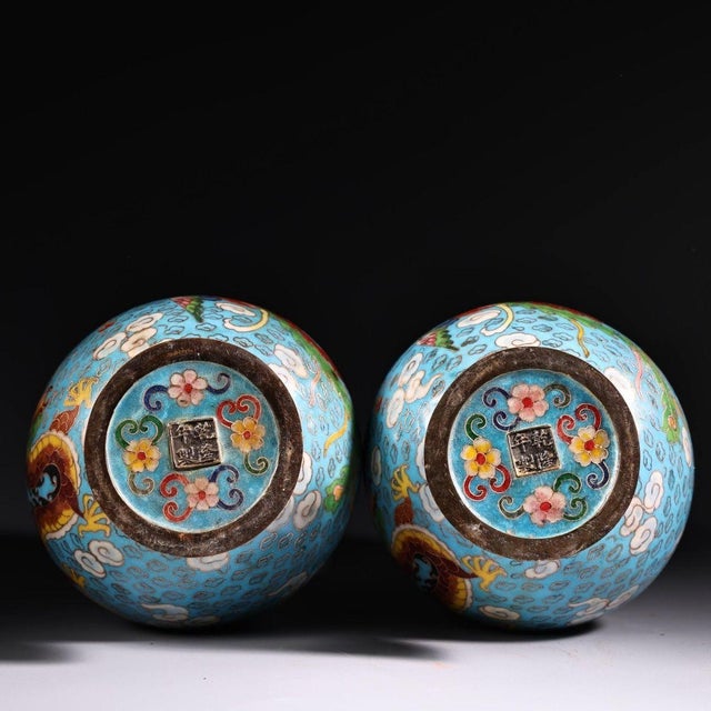 Pair of Cloisonne Enamel Vases – 11.8" Dragon & Phoenix Baluster Form With Qianlong Mark For Sale - Image 4 of 9