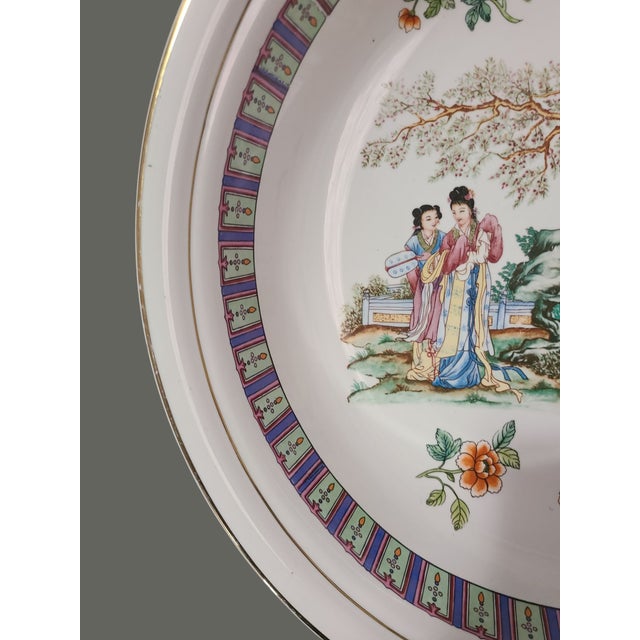 Blue Vintage Chinoiserie Famille Rose Hand Painted Figural Large Serving Bowl For Sale - Image 8 of 11