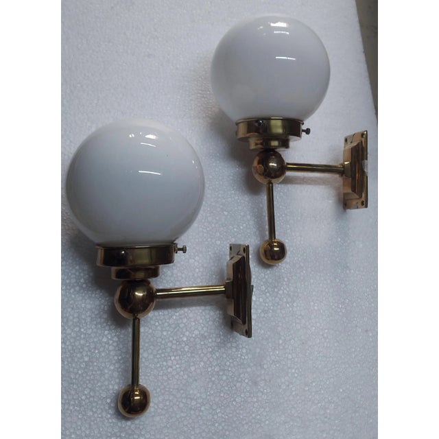 Vintage 1940s Art Deco Wall Sconces Fixture in Brass & Milk Glass Shade Ship Light - a Pair For Sale - Image 6 of 6