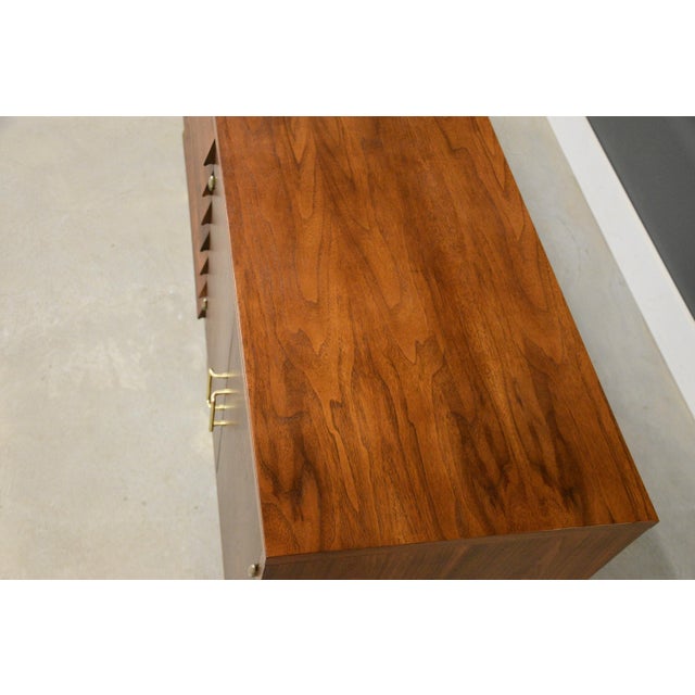 Brass 1960s Refinished 78” American of Martinsville Walnut and Brass Dresser For Sale - Image 8 of 12