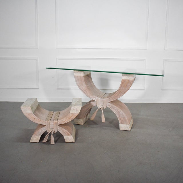 70's Betty Cobonpue Pencil Reed Ribbon and Tessellated Stone Console Table For Sale - Image 9 of 9