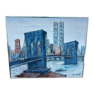 Midcentury Henri Duchmamp Brooklyn Bridge Acrylic on Canvas Signed Painting Framed For Sale