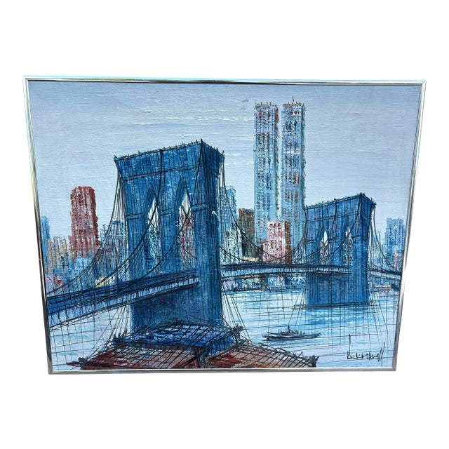 Midcentury Henri Duchmamp Brooklyn Bridge Acrylic on Canvas Signed Painting Framed For Sale