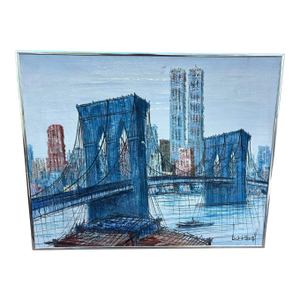 Midcentury Henri Duchmamp Brooklyn Bridge Acrylic on Canvas Signed Painting Framed