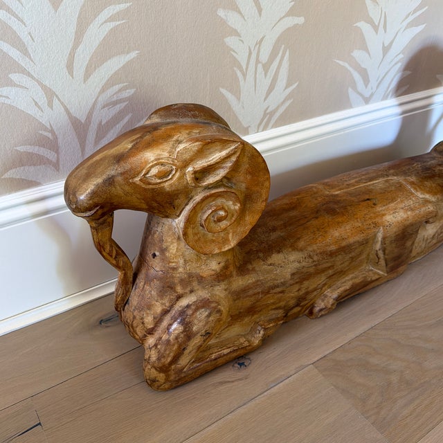 Mid-Century Modern Vintage Hand Carved Wooden Double Headed Ram Sculpture For Sale - Image 3 of 10
